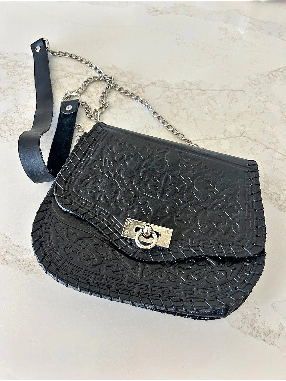 Black Embossed Chain Crossbody Bag